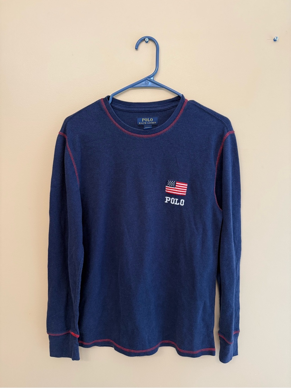 Polo by Ralph Lauren Navy Long Sleeve Waffle Crew with Flag Patch